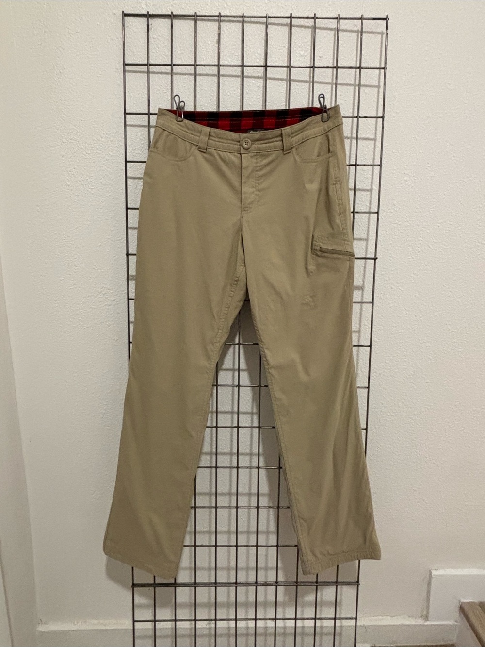 Eddie Bauer Tan Cargo Pants with Red Plaid Lining
